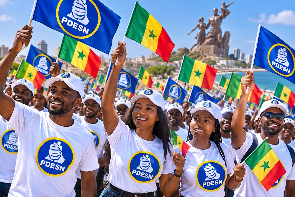 Militants du PDESN agitant des drapeaux du parti et du Sénégal devant le monument de la Renaissance africaine