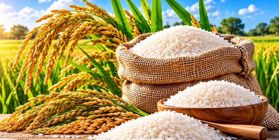 Épis de riz et sacs de riz blanc