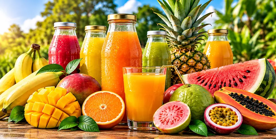 Jus de fruits frais, mangues, bananes, papayes et agrumes