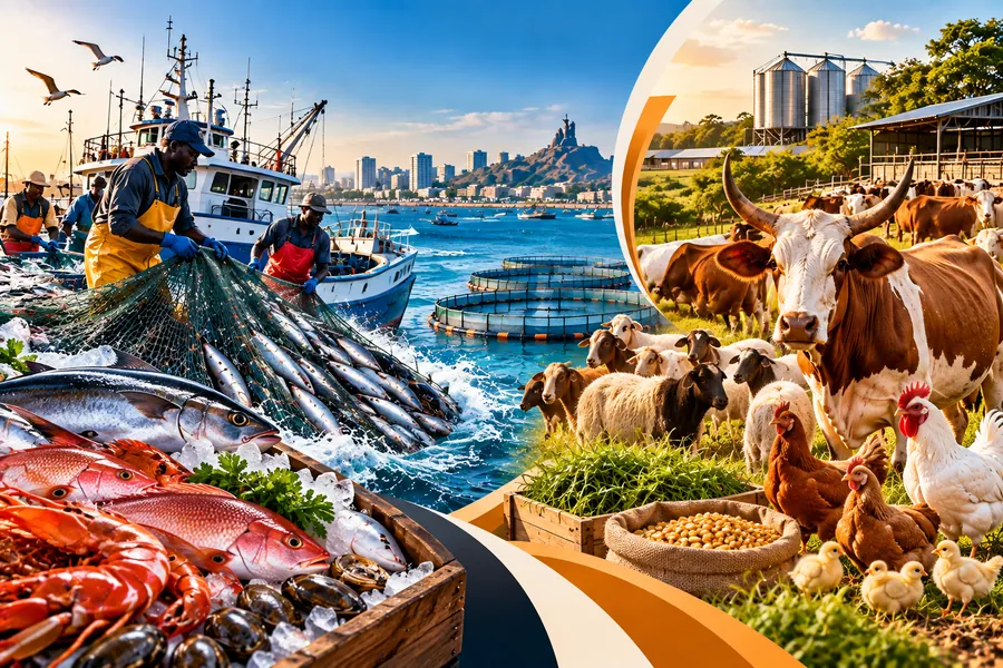 Pêcheurs remontant leurs filets, étals de poissons et fruits de mer, troupeau de bovins, moutons et volailles