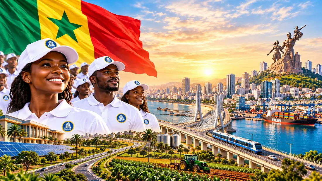 Militants du PDESN devant le drapeau du Sénégal et un pays qui se développe : ville, port, train, énergie solaire et agriculture